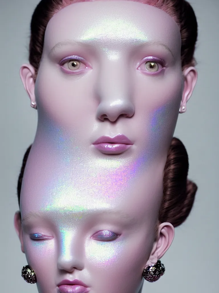 Prompt: portrait of a ethereal goddess wearing a big pearl studded iridescent beauty mask and pink hair buns, wearing a black bodysuit by alexander mcqueen, cream white background, soft diffused light, biotechnology, humanoid robot, perfectly symmetric, bjork aesthetic, translucent, by rineke dijkstra, intricate details, highly detailed, masterpiece,