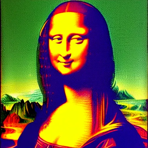 Image similar to a lisa frank painting of ( ( ( mona lisa ) ) )