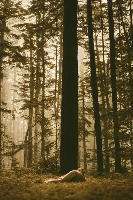 Image similar to fuji 5 0 r 3 5 mm, architectural studio magazine photography, soft light, golden hour, sci - fi interior, forest background, sleeping woman, fog