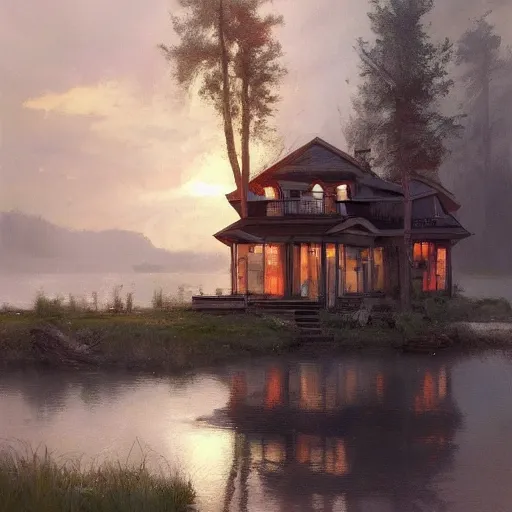 Image similar to a house by the lake, sunset, dramatic light, sunrays, painted by raymond swanland, painted by greg rutkowski, painted by jeremy mann, painted by artgerm, painted by igor kieryluk, trending on artstation