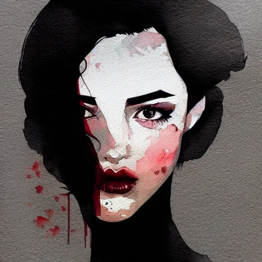 Image similar to portrait of very beautiful young filipino woman, smoke, dark background, by conrad roset, watercolor trending on artstation