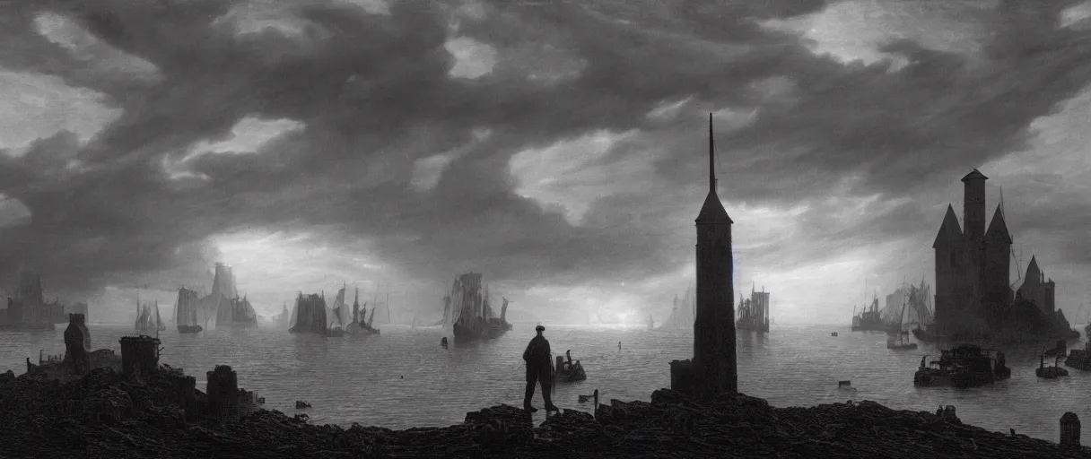 Prompt: an engraving of the shadow over innsmouth, lovecraftian atmosphere, caspar david friedrich, foggy, depth, strong shadows, stormclouds, illuminated focal point, highly detailed