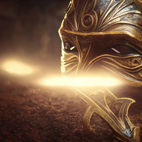 Image similar to fantasy mask, splash art, movie still, cinematic lighting, dramatic, octane render, long lens, shallow depth of field, bokeh, anamorphic lens flare, 8k, hyper detailed, 35mm film grain