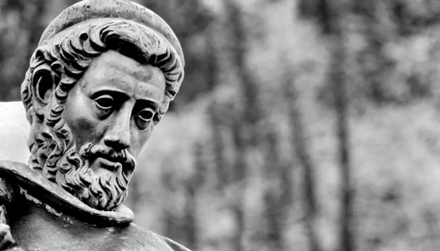Image similar to 1 9 6 0 s movie still close up of marcus aurelius with a steel breast - plate with a white cape frozen to death by the side of a river with gravel, pine forests, cinestill 8 0 0 t 3 5 mm, high quality, heavy grain, high detail, texture, dramatic light, anamorphic, hyperrealistic, detailed hair, foggy