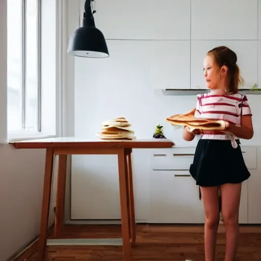 Image similar to a beautiful girl cooks delicious pancakes in a minimalist kitchen with white walls, a red oak table.