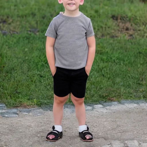 Prompt: young boy with brown hair and black short sleeves shirt and grey shorts