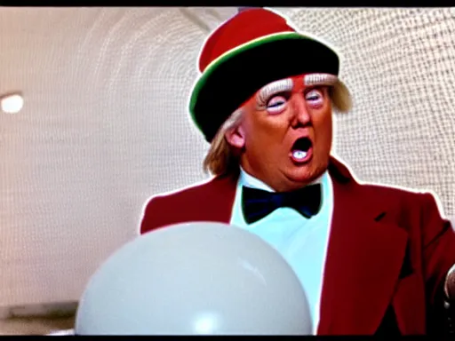 Prompt: donald trump as an oompa loompa, still from film willy wonka and the chocolate factory 1 9 7 1