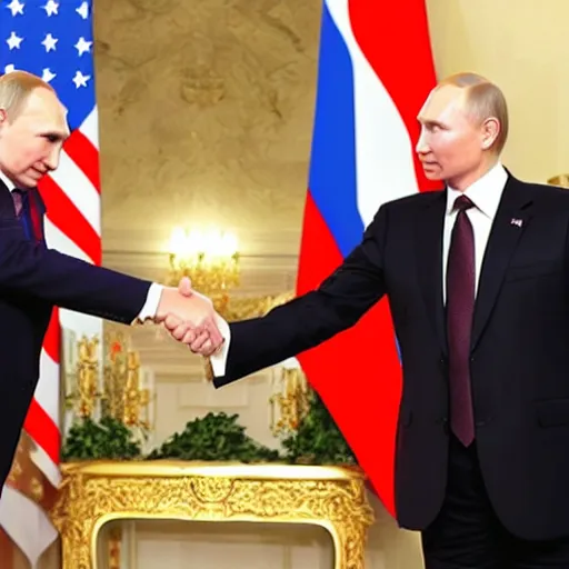 Prompt: Putin and trump shaking hands, anime scenery by Makoto Shinkai