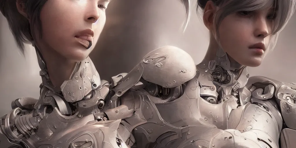 Image similar to ultra realistic, beautiful cyborg woman, sci-fi, fantasy, mythical, intricate, elegant, highly detailed, digital painting, octane render, substance painter, zbrush, artstation, concept art, smooth, sharp focus, eerie, illustration, 8k, HD, art by artgerm and greg rutkowski and raphael