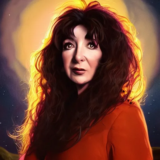 Image similar to A hyper real comic book style portait painting of Kate Bush on the moon, unreal 5, hyperrealistic, octane render, cosplay, RPG portrait, dynamic lighting