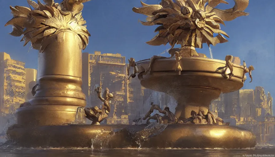 Image similar to craig mullins illustration of an art deco sculpture of the sun on top of a fountain, unreal engine, hyper realism, realistic shading, cinematic composition, realistic render, octane render, detailed textures, photorealistic, wide shot