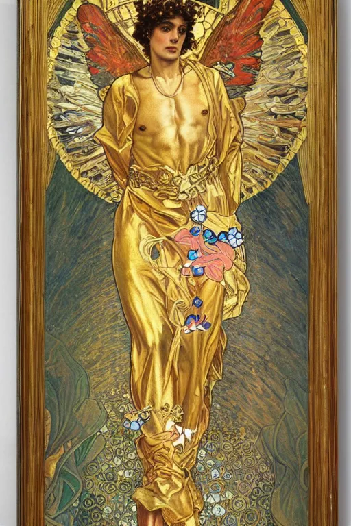 Image similar to a full body portrait of saint michael the archangel oil painting cross between the styles of alphonse mucha and gustav klimt gold leaf, intricate detailed,