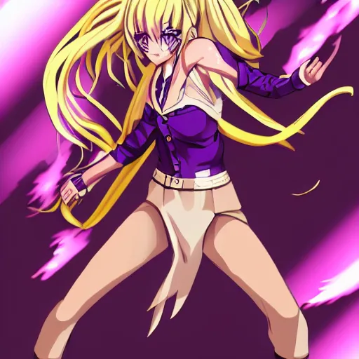 Prompt: fighter anime girl with purple eyes, long blonde hair wearing a tuxedo in a fighting stance, digital art, artstation, visual novel sprite, -H 1024 -n 9 -g -s 150