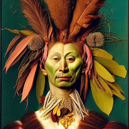 Image similar to portrait photo of a woman with Iroquois made from plant parts, Perfect face, extremely high details, realistic, by Giuseppe Arcimboldo, Edward Hopper, Rene Margitte