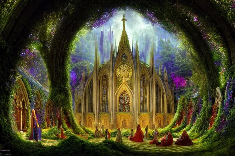 Prompt: a beautiful and highly detailed digital painting of an elven cathedral in a beautiful garden in a mystical forest, psychedelic colors, intricate details, epic scale, insanely complex, hyperdetailed, artstation, cgsociety, 8 k, sharp focus, hyperrealism, by caspar friedrich, albert bierstadt, james gurney, brian froud,