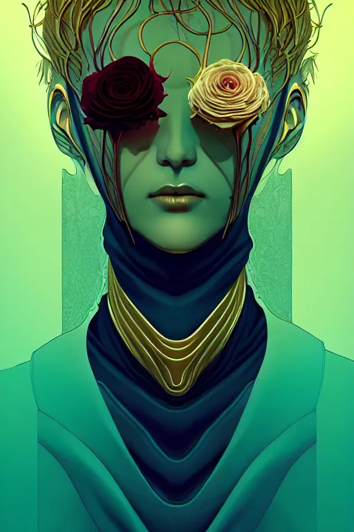 Image similar to 👁🌹👾, phantom, dreary, dramatic, fluid, golden ratio, artstation, moebius + loish, hd,