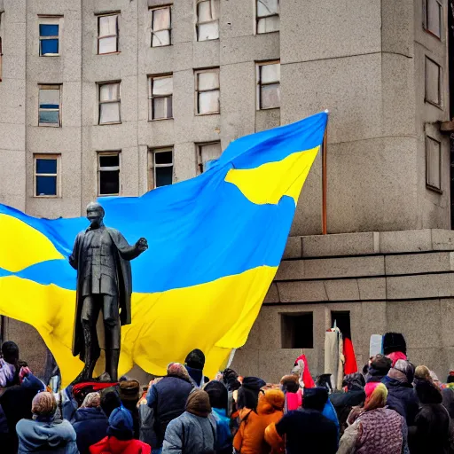 Prompt: a crowd of people with ukrainian flags bring down statue of vladimir lenin, leica sl 2 5 0 mm, dslr, vivid color, high quality, high textured, real life
