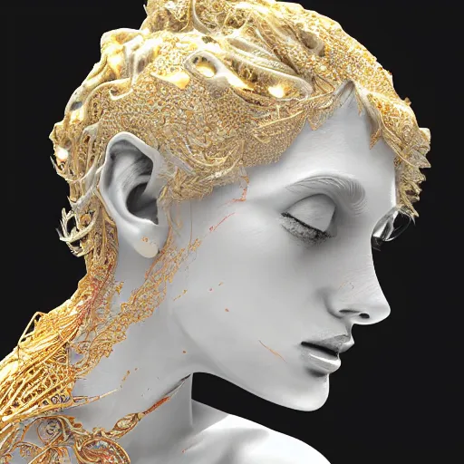 Prompt: abstract highly detailed female sculpture drawing made of white marble and red crystals quartz and minerals, ethereal lights, fine details, artstation, digital paint, fantasy, cinematic photoshooting, illustration, 8 k, intricate golden filigree, octane render, hypperrealistic painting, abstract liquid acrylic art, painting by james gilleard and minna sundberg