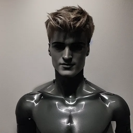 Image similar to “a realistic detailed photo of a guy who is an attractive humanoid who is half robot and half humanoid, who is a male android, twitch streamer Ninja Tyler Blevins, shiny skin, posing like a statue, blank stare, gaming room”