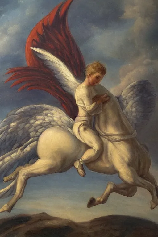 Image similar to this painting seems to depict a wingless angel on a horse who looks down at the ground beneath him. meanwhile, above him is a twisting funnel of angry red fire.