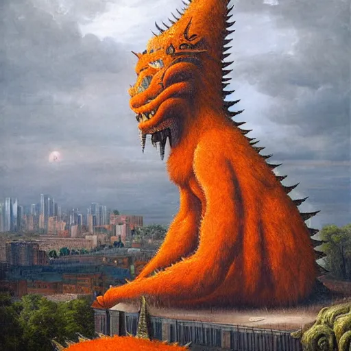 Prompt: A beautiful body art of a large, orange monster looming over a cityscape. The monster has several eyes and mouths, and its body is covered in spikes. It seems to be coming towards the viewer, who is looking up at it in fear. by John Frederick Kensett, by Jeremiah Ketner gloomy