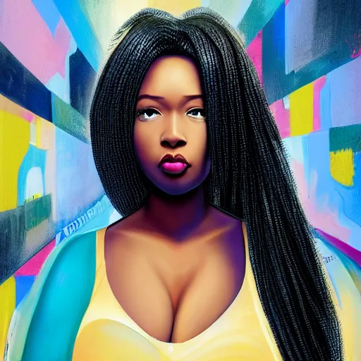 Image similar to stunning, coherent, beautiful painting, still of black bbw woman in wal-mart, follow shot, 3d, in the style of pixar, comic book style, 3d, highly detailed, highly detailed, sharp focus, bokeh, depth of field, 16k resolution, Unreal Engine 5, coherent, cinematic lighting, photorealistic, by Zhang Jingna