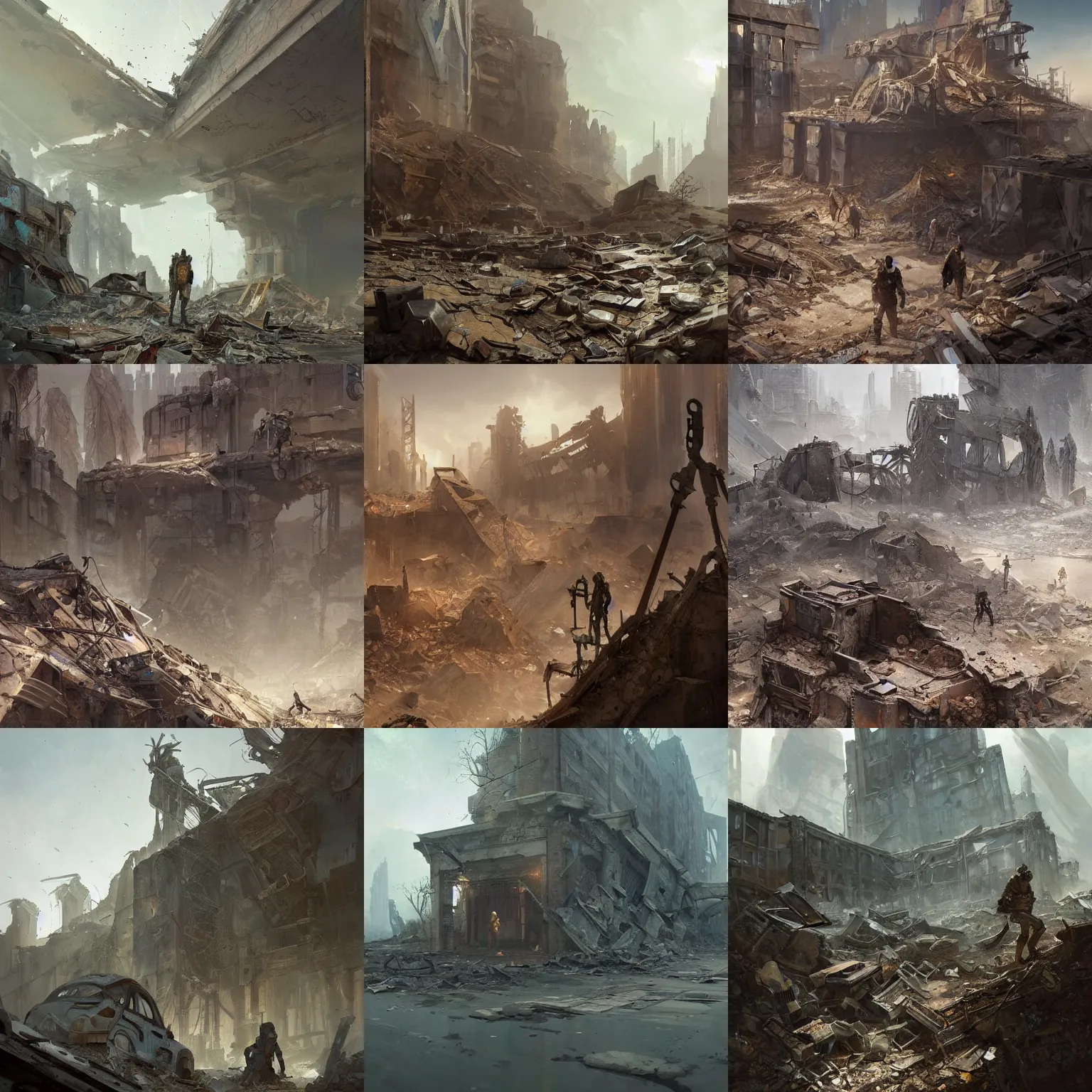 Prompt: in a post - apocalyptic future, salvagers of old artifacts and metals search through piles of rubble and long - abandoned ruins. artistic painterly by greg rutkowski and trending on artstation, favorites on deviantart