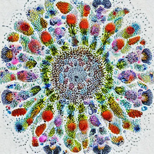 Prompt: a picture of a bunch of flowers on a white background, a microscopic photo by ernst haeckel, shutterstock contest winner, kinetic pointillism, intricate patterns, biomorphic, made of crystals