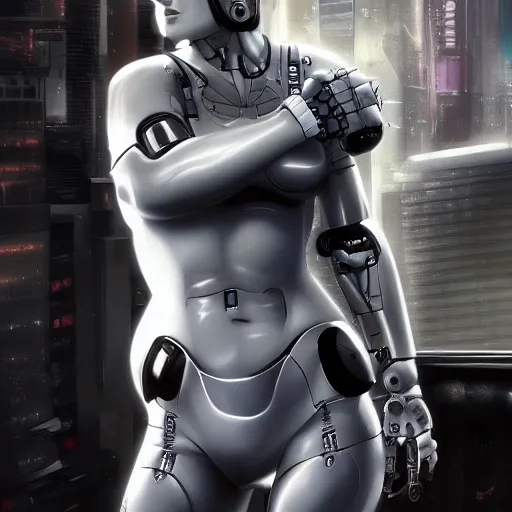 Image similar to beautiful digital painting of gina carano with a robotic cybernetic metallic grey arm, cyberpunk, highly detailed, hyperrealism, concept art, 8 k