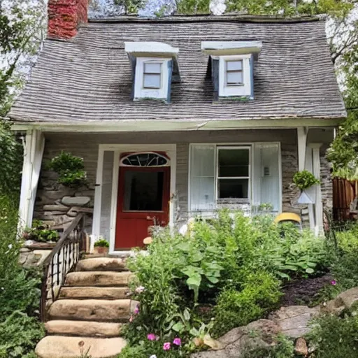 Prompt: a cute and quaint cobblestone cottage in the foothills of the blue ridge mountains with a lush vegetable garden in the front yard