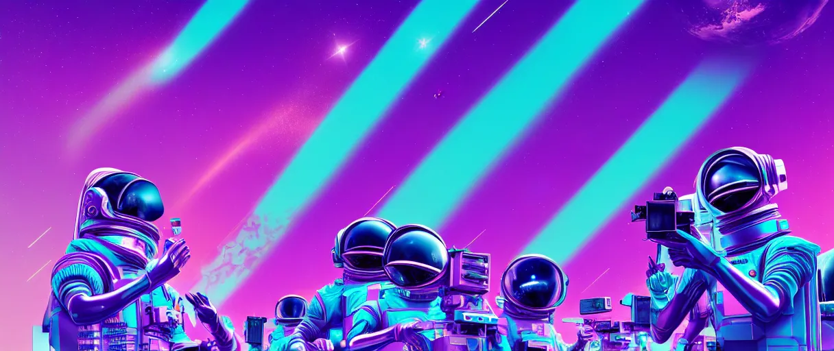 Image similar to hyper detailed 2090s neo-surreal neon purple and teal propaganda torn poster of space workers sharp cinematic lighting 8k wide angle shallow depth of field