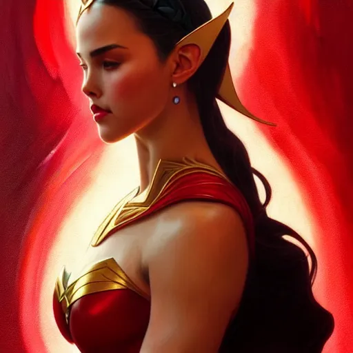 Image similar to catriona gray as darna, volumetric lights, red and cyan theme, art nouveau botanicals, intricate, highly detailed, digital painting, artstation, concept art, smooth, sharp focus, cinematic, illustration, beautiful face, art by artgerm and greg rutkowski and alphonse mucha