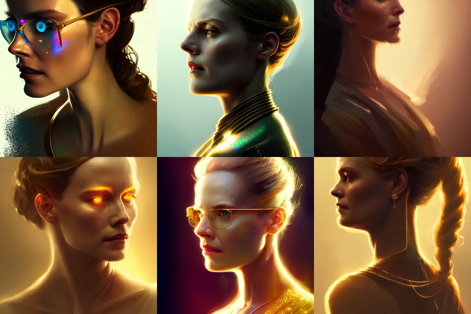 Prompt: side portrait of dolores from westworld, gold glasses light iridescent color, fantasy, intricate, sharp focus, lens flare, bloom, rim light, illustration, highly detailed, digital painting, concept art, matte, art by ruan jia - h 6 4 0