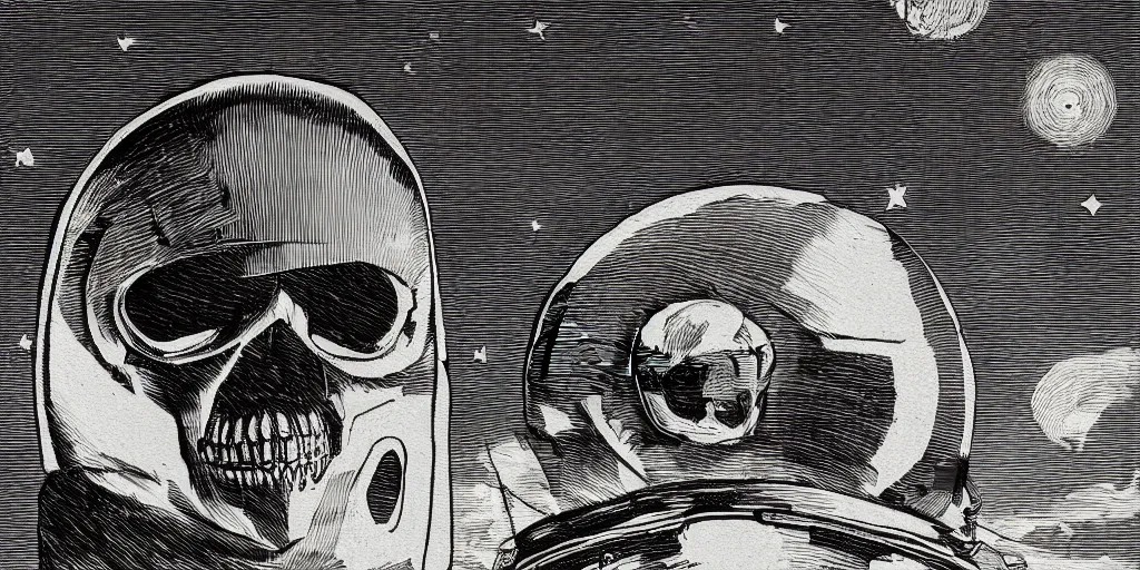 Image similar to etch portrait of a skull wearing a space helmet, in the style of goya etchings, scifi, big clouds visible in the background, stars in the sky, high contrast, deep black tones