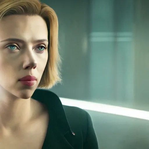 Image similar to a photographic still of scarlett johansson looking into the distance, beautiful light failling on her face, futuristic a - line bob with bangs hairstyle black hairs, medium shot, ghost in the shell, by annie leibowitz