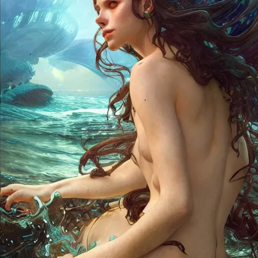 Prompt: a mermaid drowning in an oil spill, ultra realistic, concept art, intricate details, highly detailed, photorealistic, octane render, 8 k, unreal engine. art by artgerm and greg rutkowski and magali villeneuve and alphonse mucha