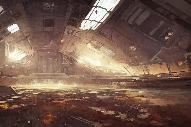 Image similar to A beautiful painting of inside in abandoned rusty space station from kindzadza, Trending on artstation.