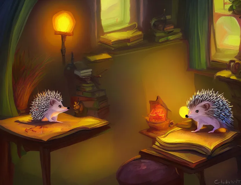 Image similar to hedgehog witch in a cozy study. complementary colors, oil painting, indie concept art, bloom, chiaroscuro, backlighting, intricate details.