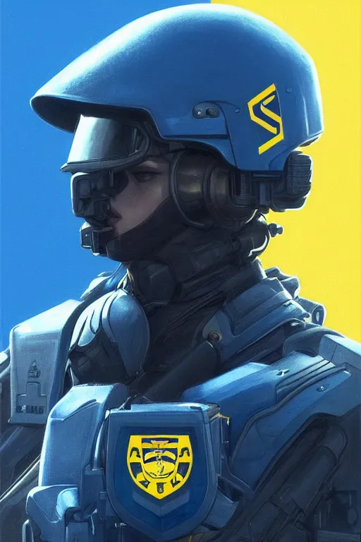 Prompt: a swat unit modern technology, blue and yellow shoulder patch, realistic portrait full body, symmetrical, highly detailed, digital painting, artstation, concept art, smooth, sharp focus, illustration, cinematic lighting, art by artgerm and greg rutkowski and alphonse mucha