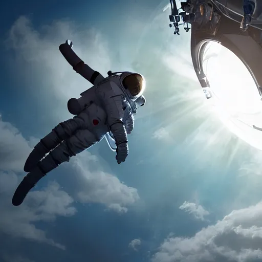 Image similar to front-facing portrait of an astronaut entering heaven with a broken air ship, cinematic lighting, epic