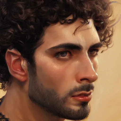 Prompt: portrait of a young italian male, dark shoulder length very curly hair, round nose, angular eyebrows, short patchy beard, closeup portrait, elegant, highly detailed, oil painting, artstation, concept art, matte, sharp focus, illustration, hearthstone, art by earl norem