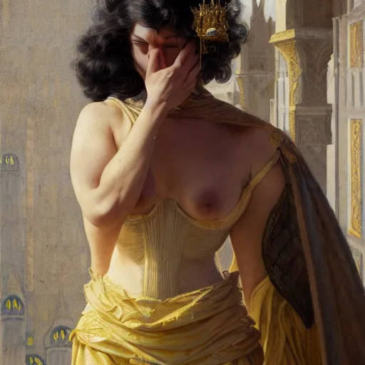 Prompt: humiliated man kneeling before a proud queen, yellow eyes, medieval art, medium shot, intricate, elegant, highly detailed, digital painting, volumetric light, artstation, concept art, smooth, sharp focus, illustration, art by Gil Elvgren and Greg Rutkowski and Alphonse Mucha, 8K