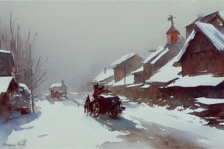 Image similar to small painted on white watercolor paper, paint brush strokes, abstract watercolor painting of western town, snowy weather, winter, american frontier, midday sharp light, dust, cinematic light, american romanticism by hans dahl, by jesper ejsing, by anders zorn, by greg rutkowski, by greg manchess, by tyler edlin