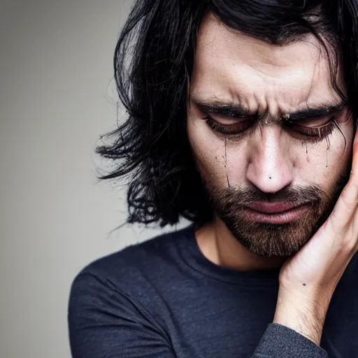 Prompt: a guy with a grey shirt with long sleeves and dark blue jeans with tears coming out of his eye, black hair and with no facial hair, highly detailed, great quality, photo - realistic )