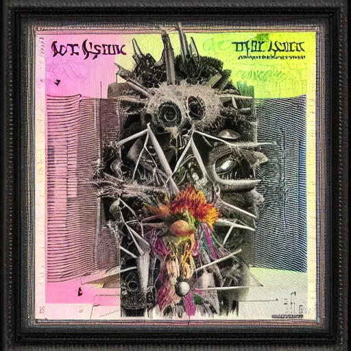 Image similar to post - punk new age album cover, asymmetrical design, mess, frame of a dollar bank notes, capitalism, magic, apocalypse, psychedelic, black white pink, magic, giger h. r., giuseppe arcimboldo