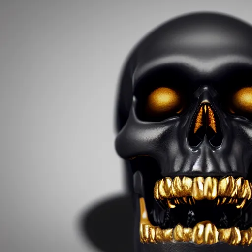 Prompt: high quality octane render of black skull made of black onyx and porcelain with golden teeth, 3d blender, corona render, digital art