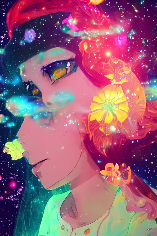 Image similar to psychedelic, whimsical, anime, 4k, beautiful intimate woman blowing smoke, with professional makeup, long trippy hair, a crystal and flower dress, sitting in a reflective pool, surrounded by gems, underneath the stars, rainbow fireflies, trending on patreon, deviantart, twitter, artstation, volumetric lighting, heavy contrast, art style of Ross Tran and Ilya Kuvshinov