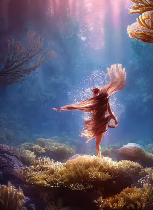 Image similar to beauteous underwater biomechanical incredible hair, crystalline masterpiece incrustations, hyperdetailed face, flippered feet, elegant pose, movie still, intricate, octane render, cinematic forest lighting, cgsociety, unreal engine, crepuscular rays, god rays, caustic shadows lighting