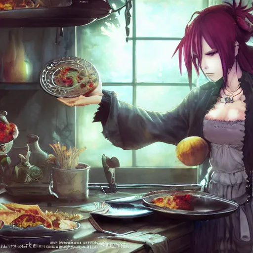 Image similar to goth woman making dinner, color page, tankoban, 4 k, tone mapping, akihiko yoshida, james jean andrei riabovitchev marc simonetti, yoshitaka amano, long hair, curly, h. hydrochaeri