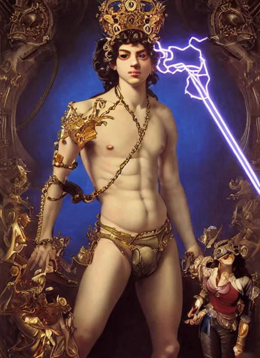 Image similar to full-body rococo and cyberpunk style sculpture of a young seductive Latino prince half android with a chest exposing circuitry, glowing pink seductive laser eyes, crown of blue sparks and diamonds, swirling orange-colored silk fabric, robotic raptors. baroque elements. full-length view. intricate artwork by caravaggio. art by Artgerm and Greg Rutkowski and Alphonse Mucha, Trending on artstation, cinematic industrial lighting, hyper realism, octane render, 8k, depth of field, 3D